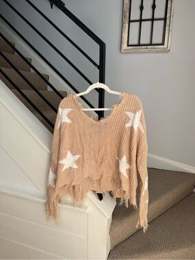 Distressed Star Knit Off-the-Shoulder Sweater - Beige